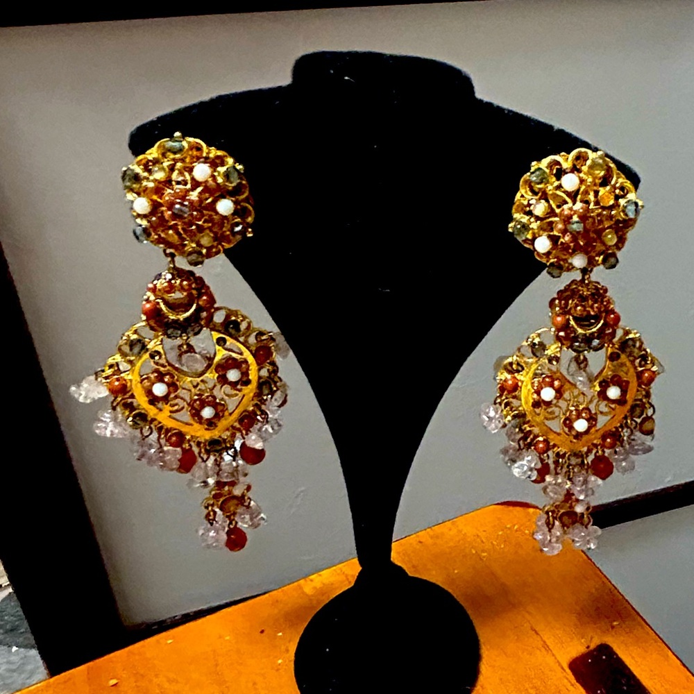 Jose and Maria Barrera chandelier semi precious stone gold clip on earrings